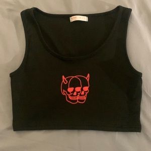 romwe tank top, black with red “devils” on front